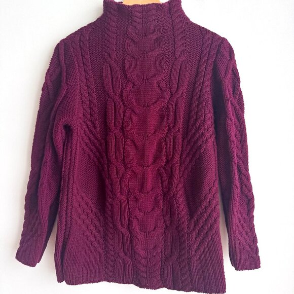 Aran Mor Merino Wool Burgundy Cableknit Mock Neck Sweater L - Picture 2 of 5